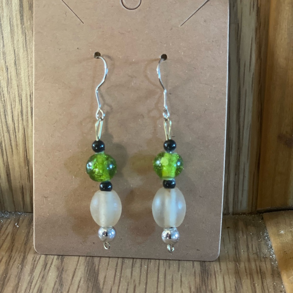 *HANDMADE* Green and White Beaded Earrings